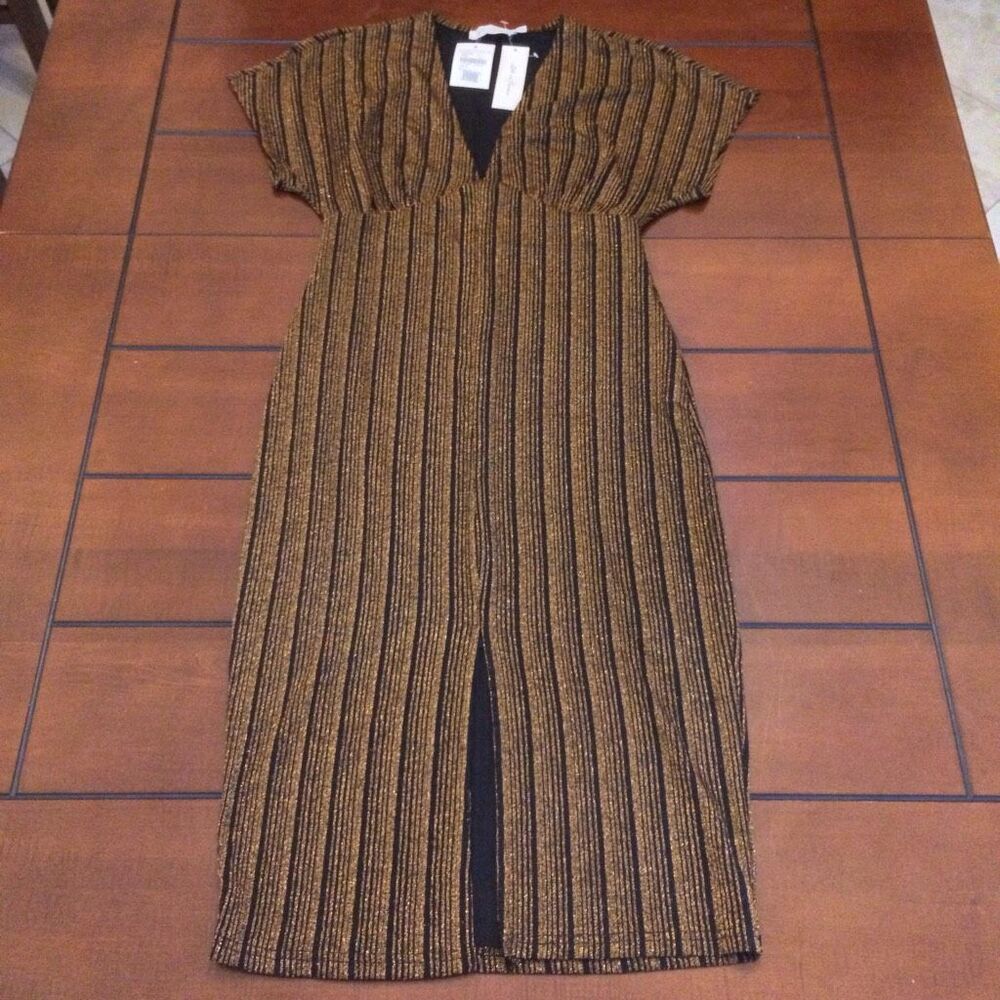 NWT All in Favor Sparkle Rib Knit Dress V-Neck Metallic Gold Midi medium